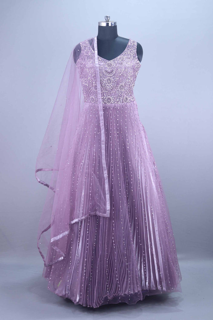 Purple Heavy Embroidered Pleated Net Gown with Dupatta 