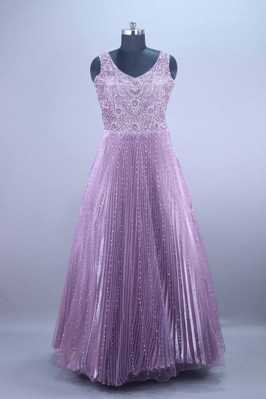 Purple Heavy Embroidered Pleated Net Gown with Dupatta
