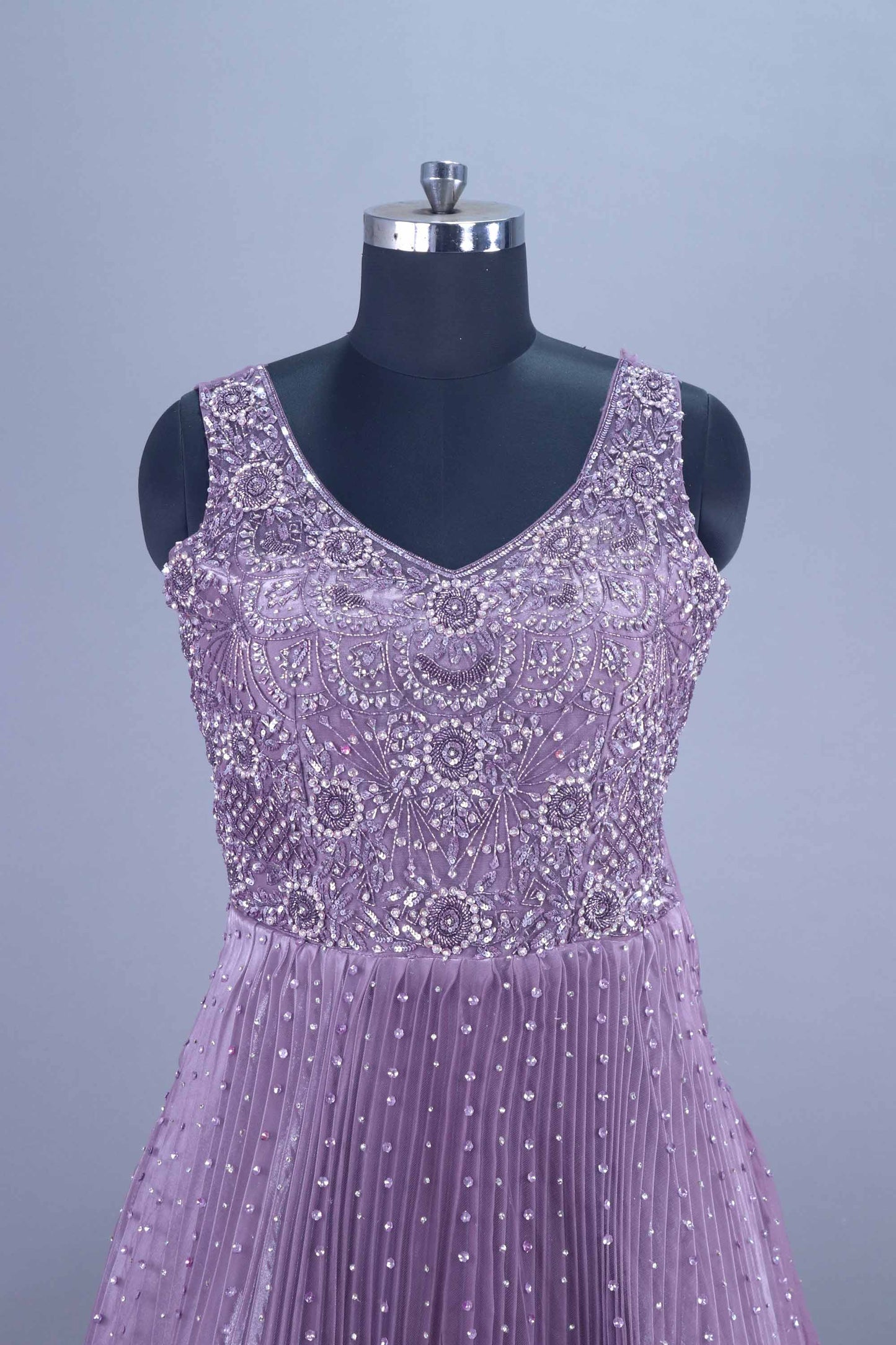Purple Heavy Embroidered Pleated Net Gown with Dupatta