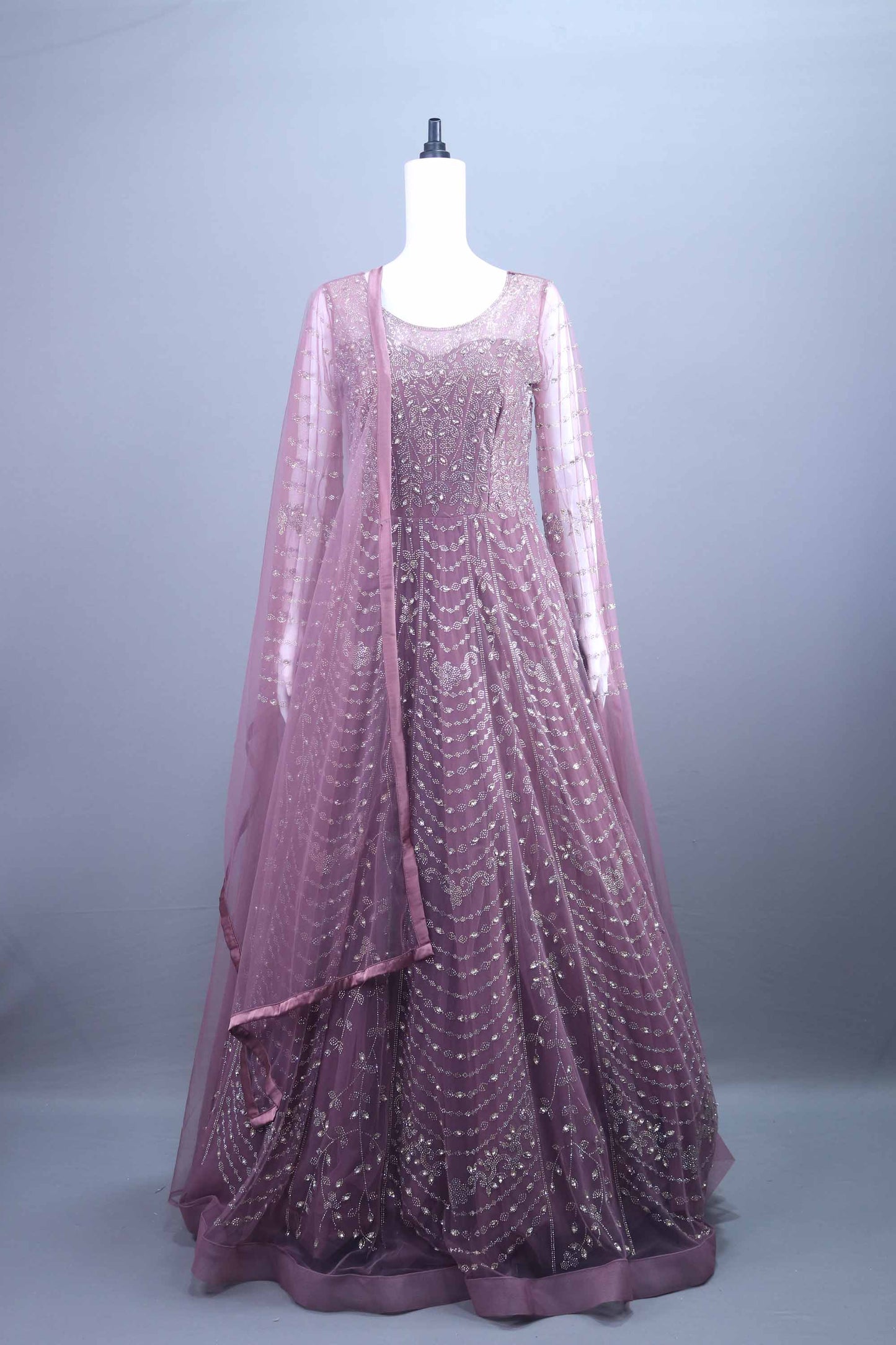 Wine Purple Heavy Embroidered Net Anarkali Gown with Dupatta 