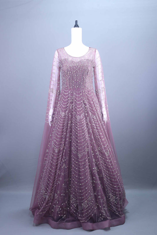 Wine Purple Heavy Embroidered Net Anarkali Gown with Dupatta