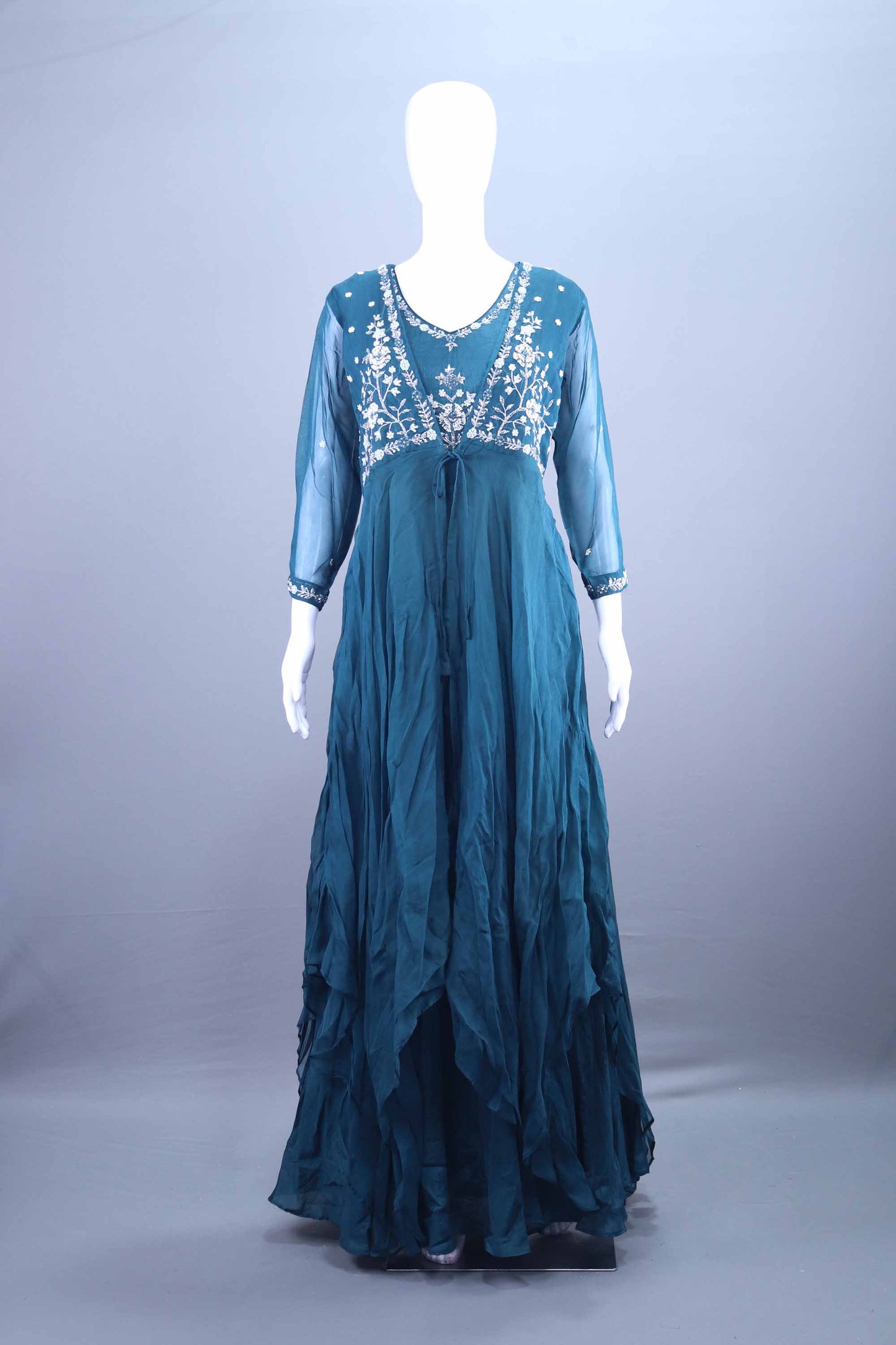 Teal Green Embroidered Georgette Anarkali Gown Party Wear