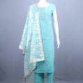 Aqua Blue Embroidered Straight Kurti Set with Jacquard Dupatta 