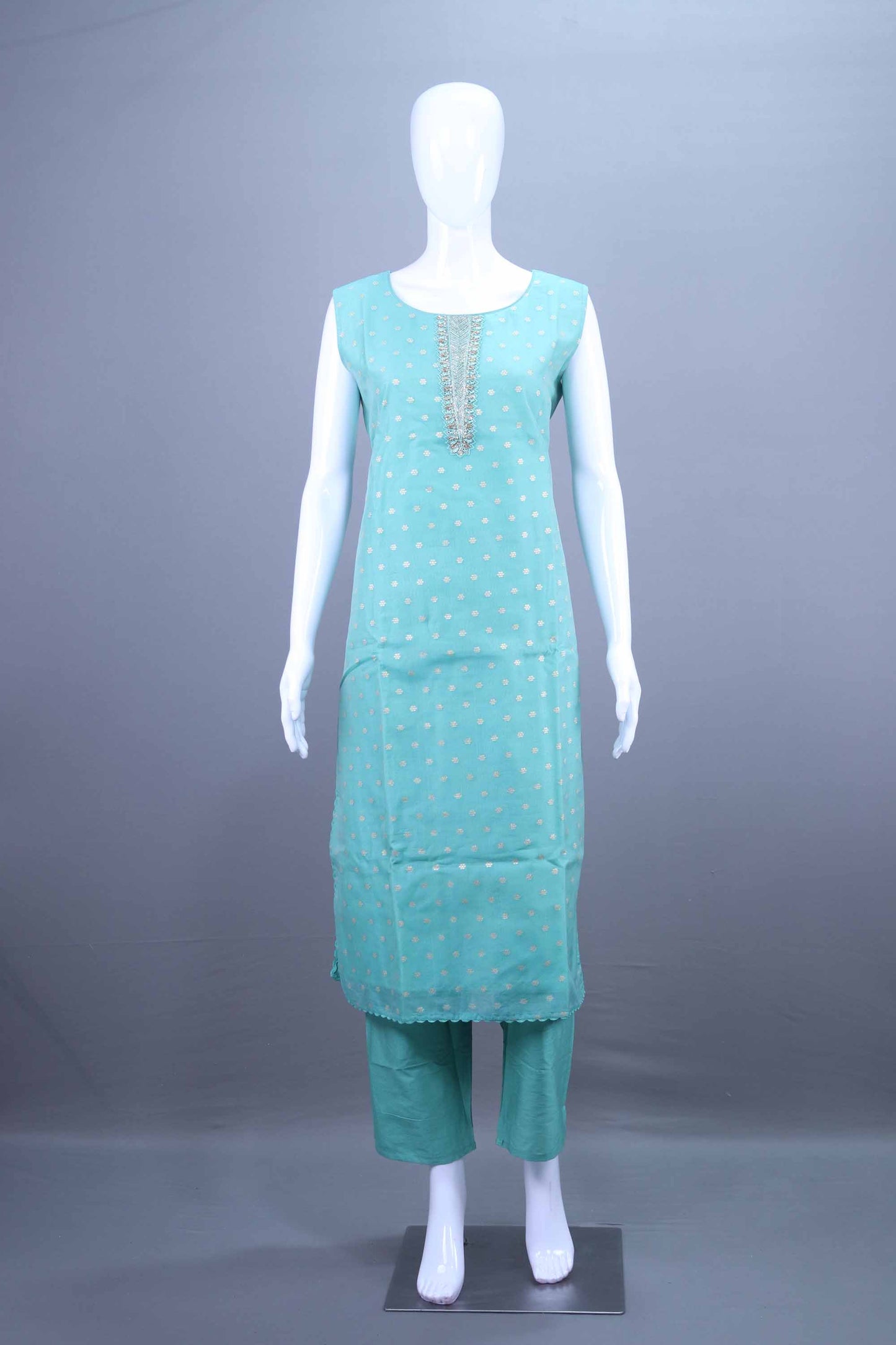 Aqua Blue Embroidered Straight Kurti Set with Jacquard Dupatta