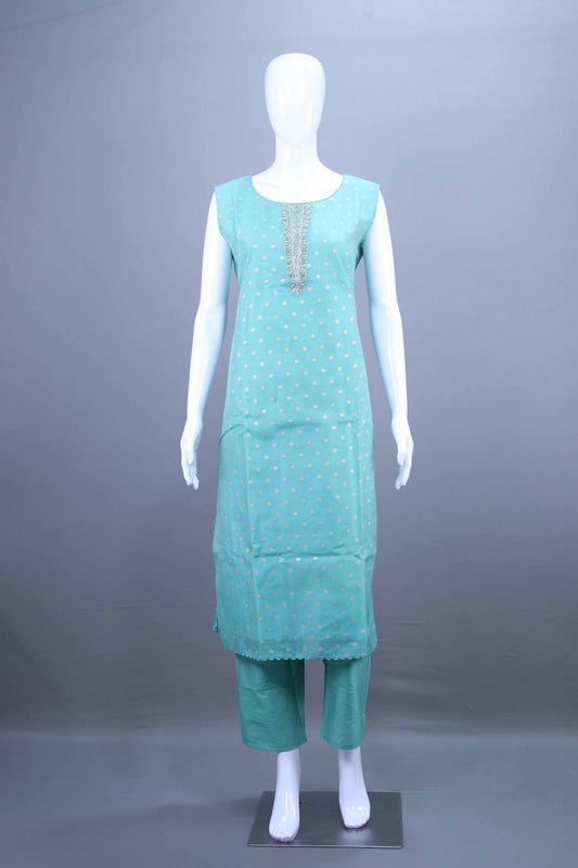 Aqua Blue Embroidered Straight Kurti Set with Jacquard Dupatta