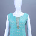 Aqua Blue Embroidered Straight Kurti Set with Jacquard Dupatta