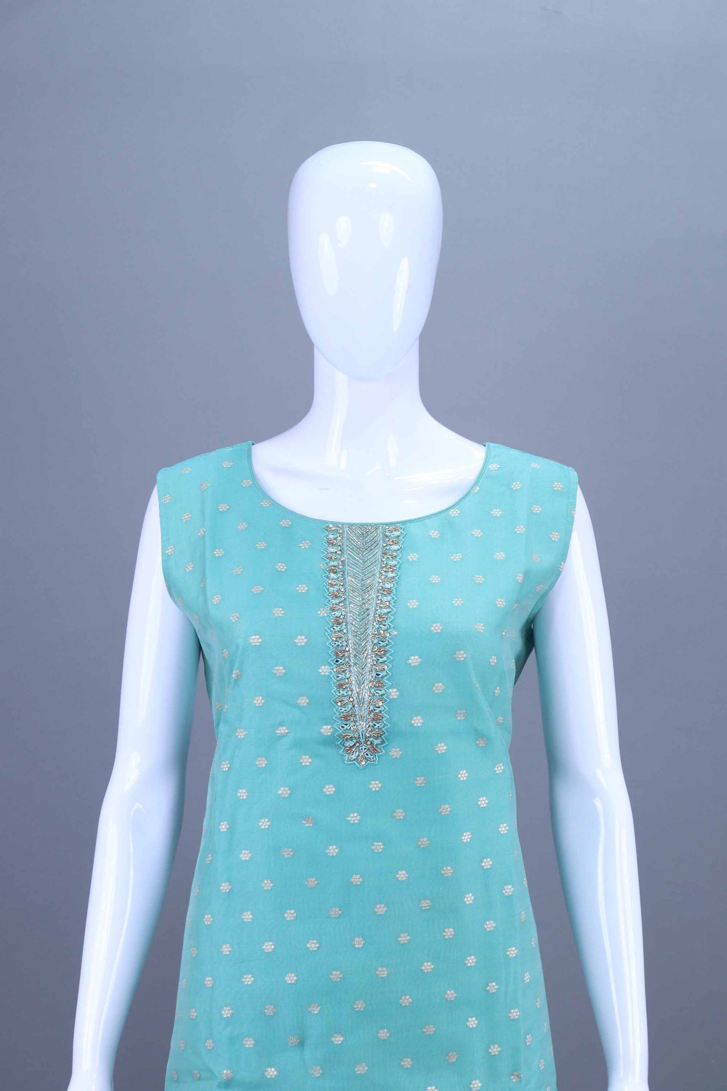 Aqua Blue Embroidered Straight Kurti Set with Jacquard Dupatta