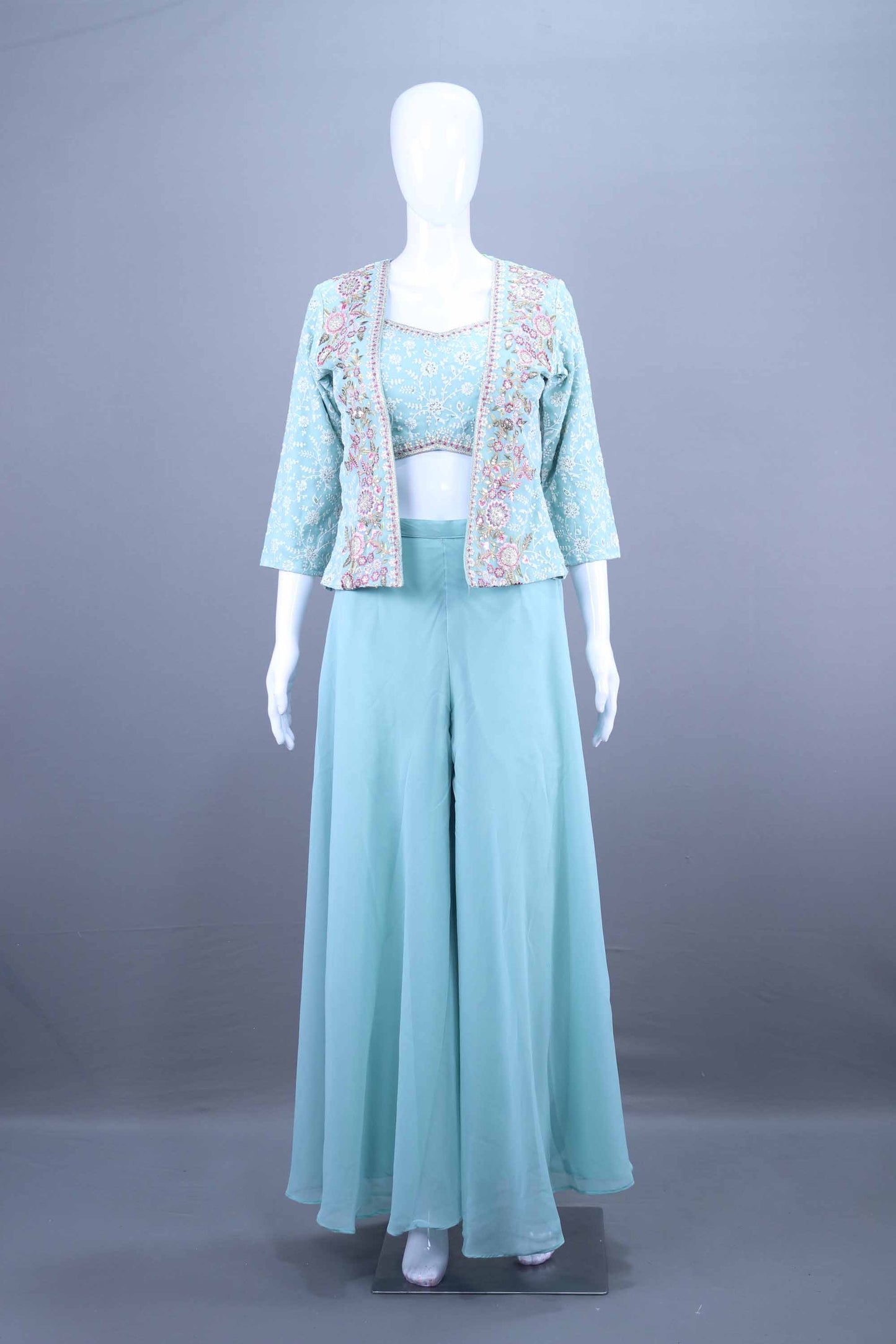 Sky Blue  Embroidered Crop Top With Jacket and Palazzo Set 