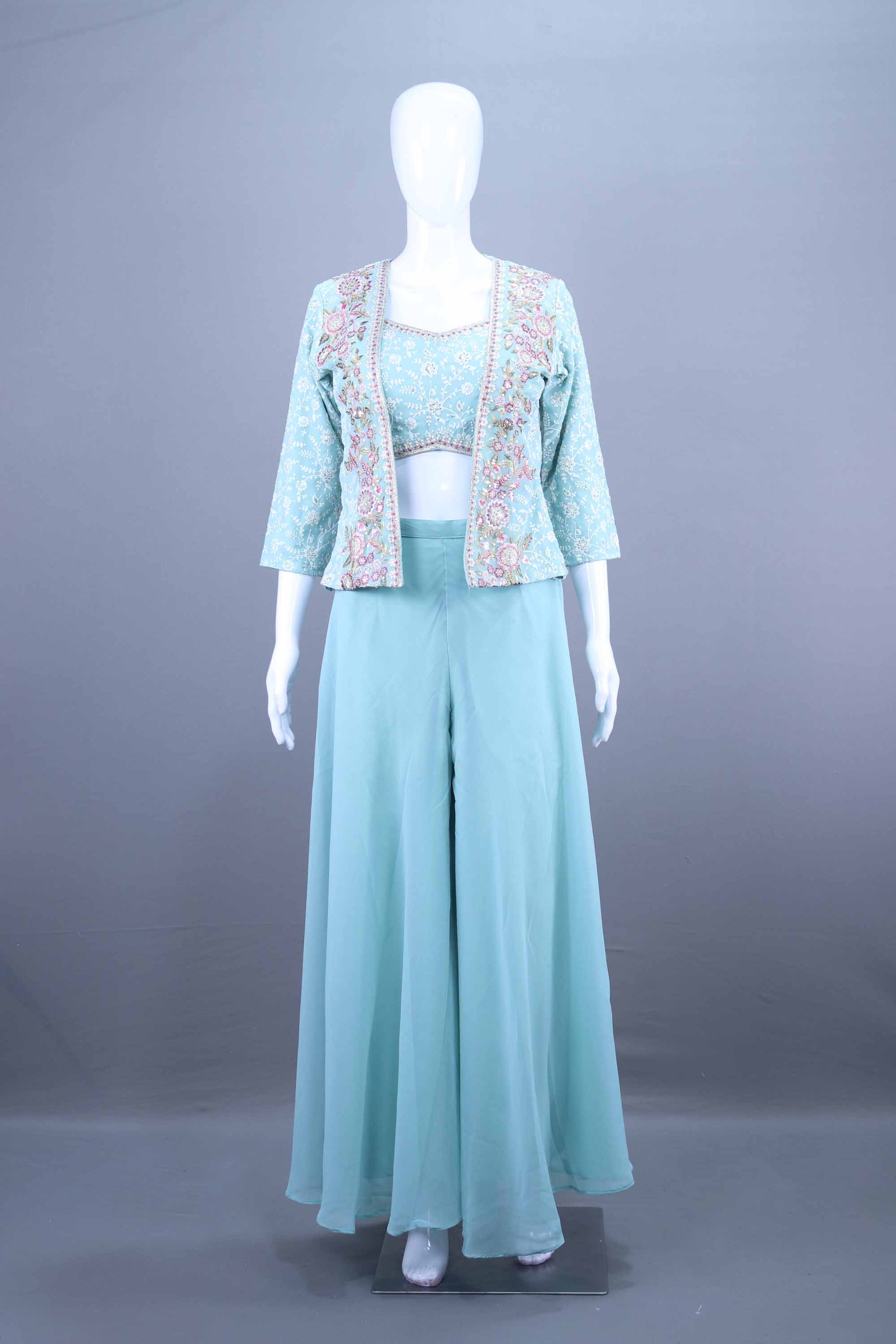 Sky Blue  Embroidered Crop Top With Jacket and Palazzo Set 