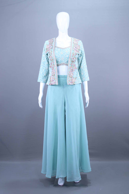 Sky Blue  Embroidered Crop Top With Jacket and Palazzo Set 