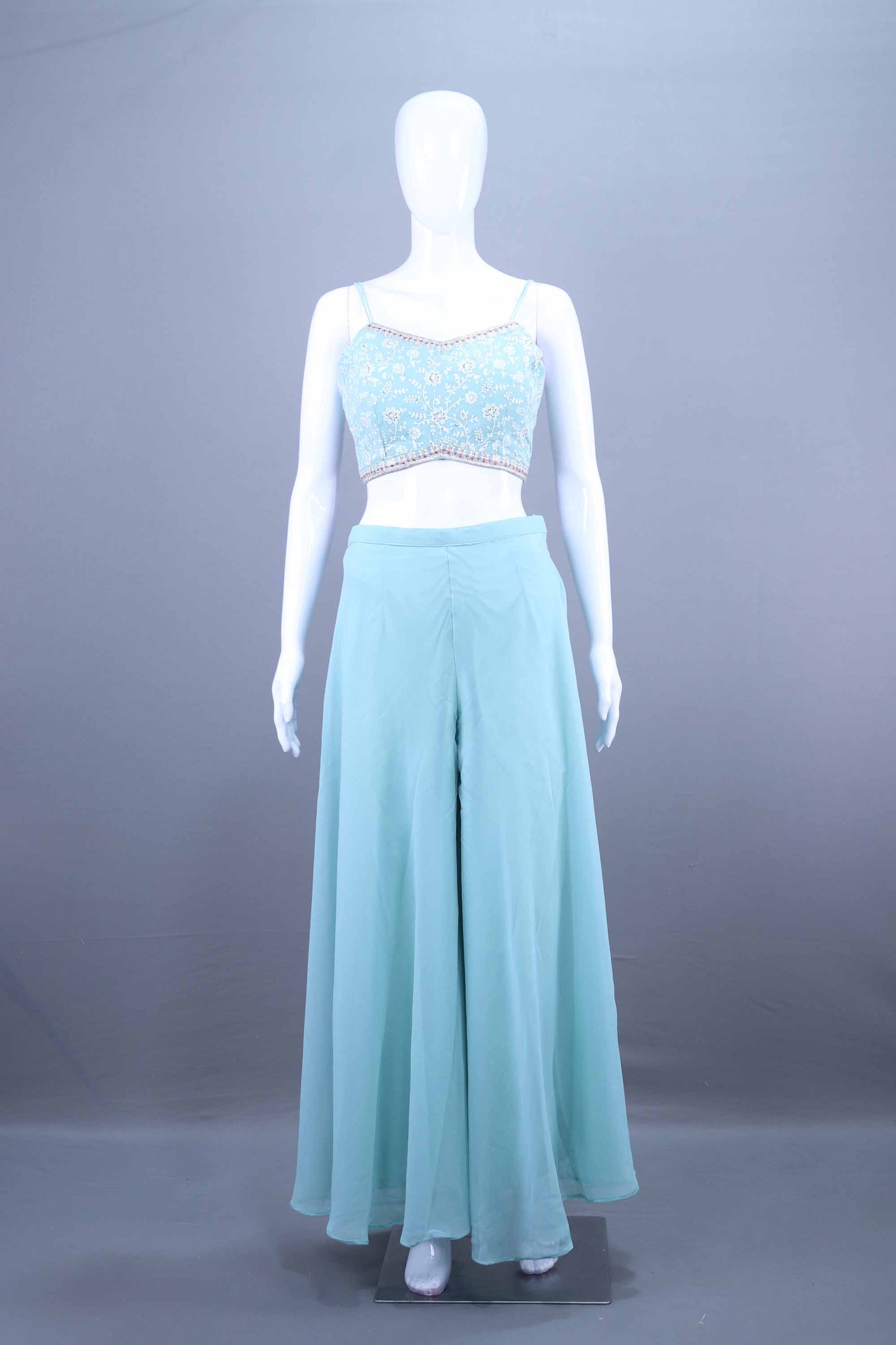 Sky Blue Embroidered Crop Top With Jacket and Palazzo Set