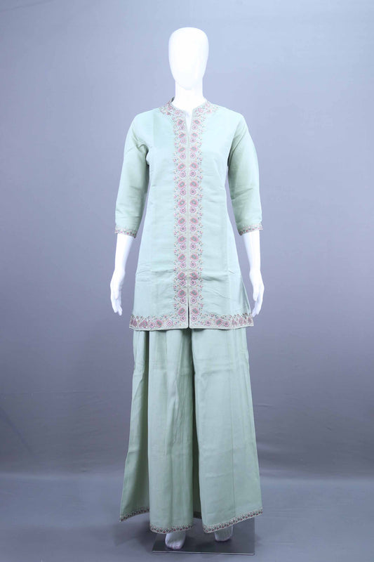 Mint Green Embroidered Cotton Kurta Sharara Set with Dupatta