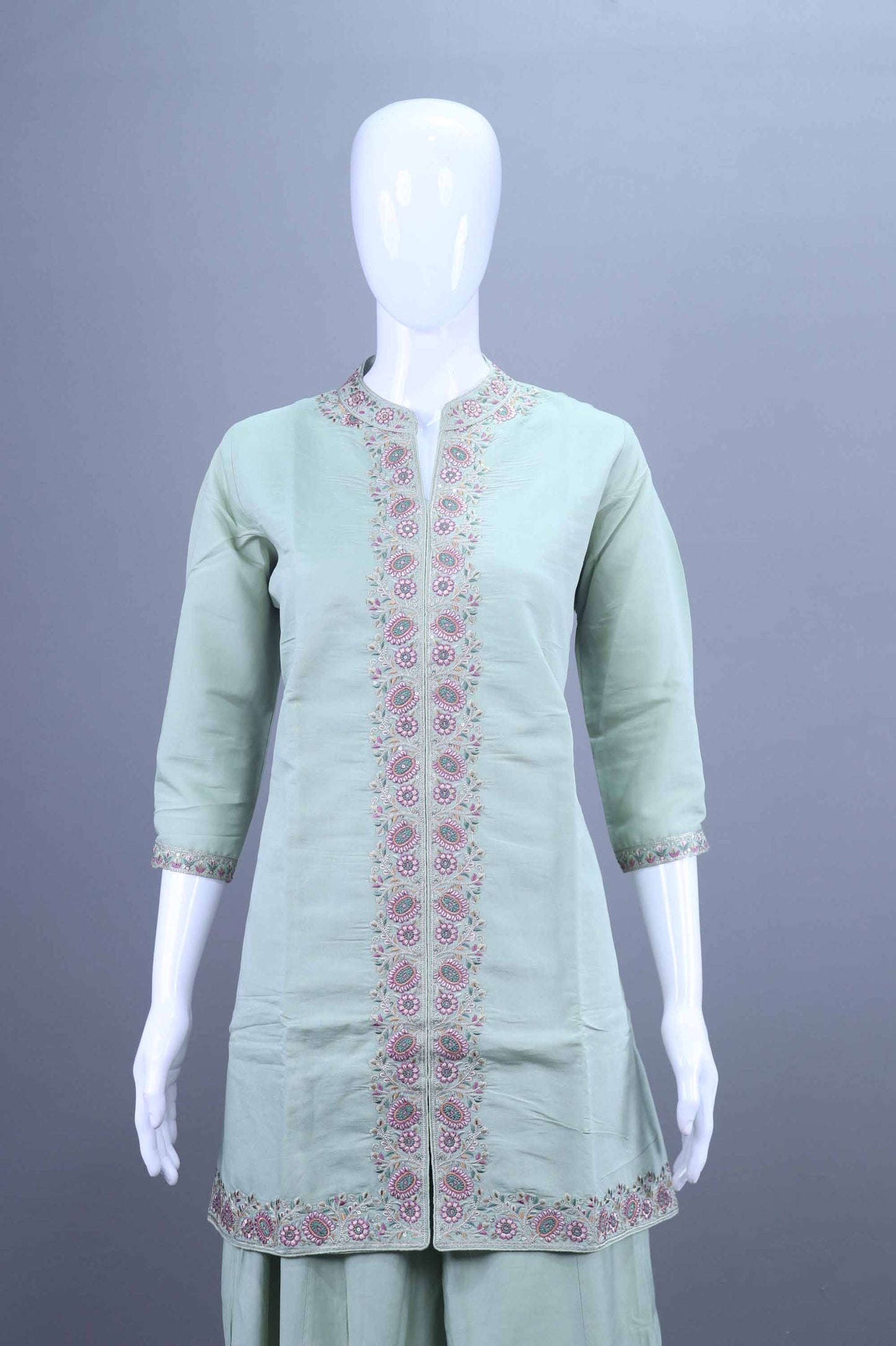 Mint Green Embroidered Cotton Kurta Sharara Set with Dupatta