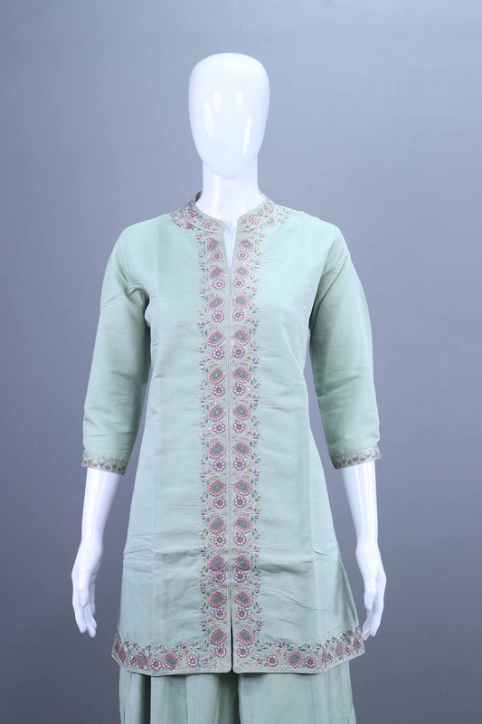 Mint Green Embroidered Cotton Kurta Sharara Set with Dupatta