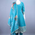 Teal Blue Embroidered Straight Kurta Set with Floral Printed Dupatta 
