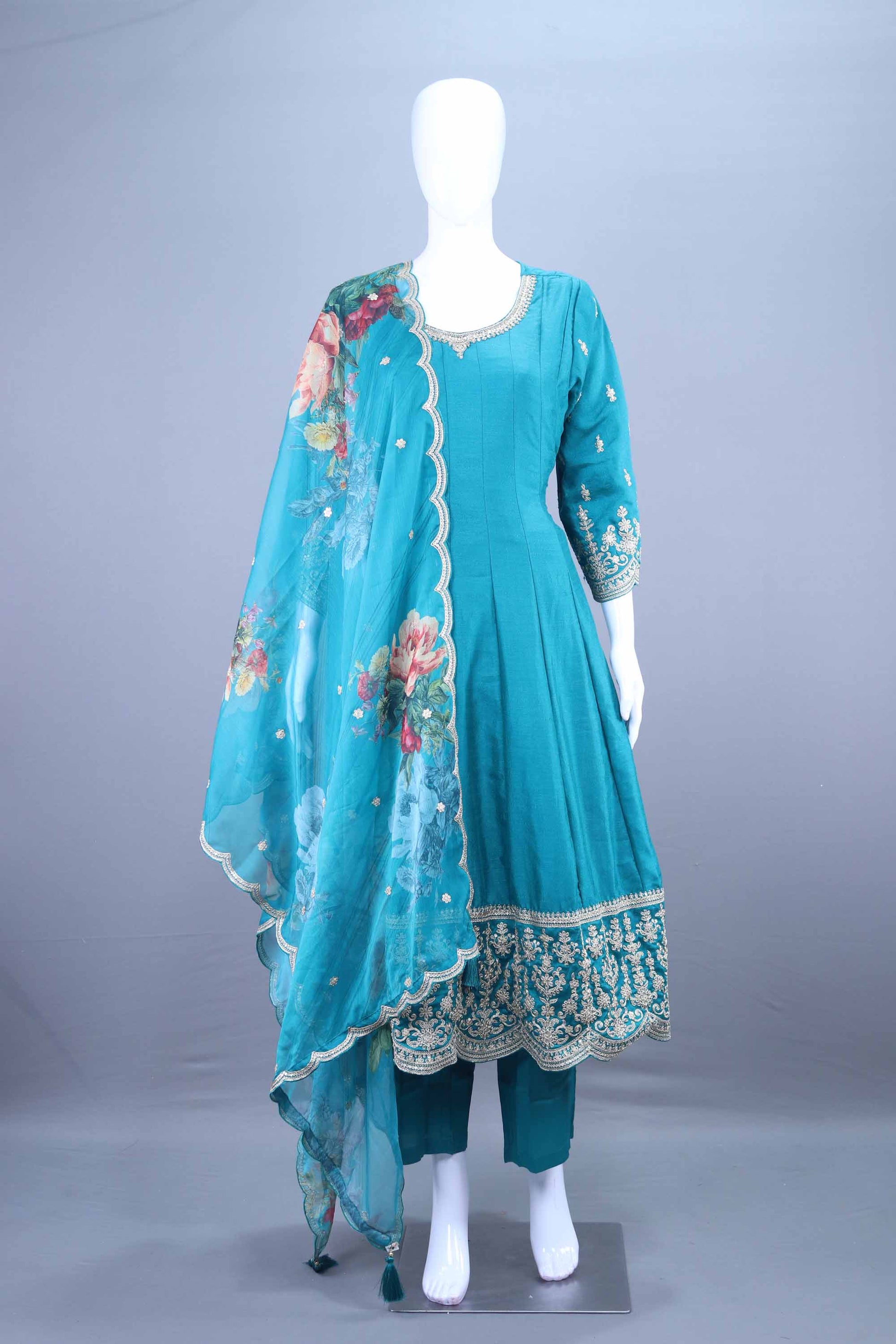 Teal Blue Embroidered Straight Kurta Set with Floral Printed Dupatta 