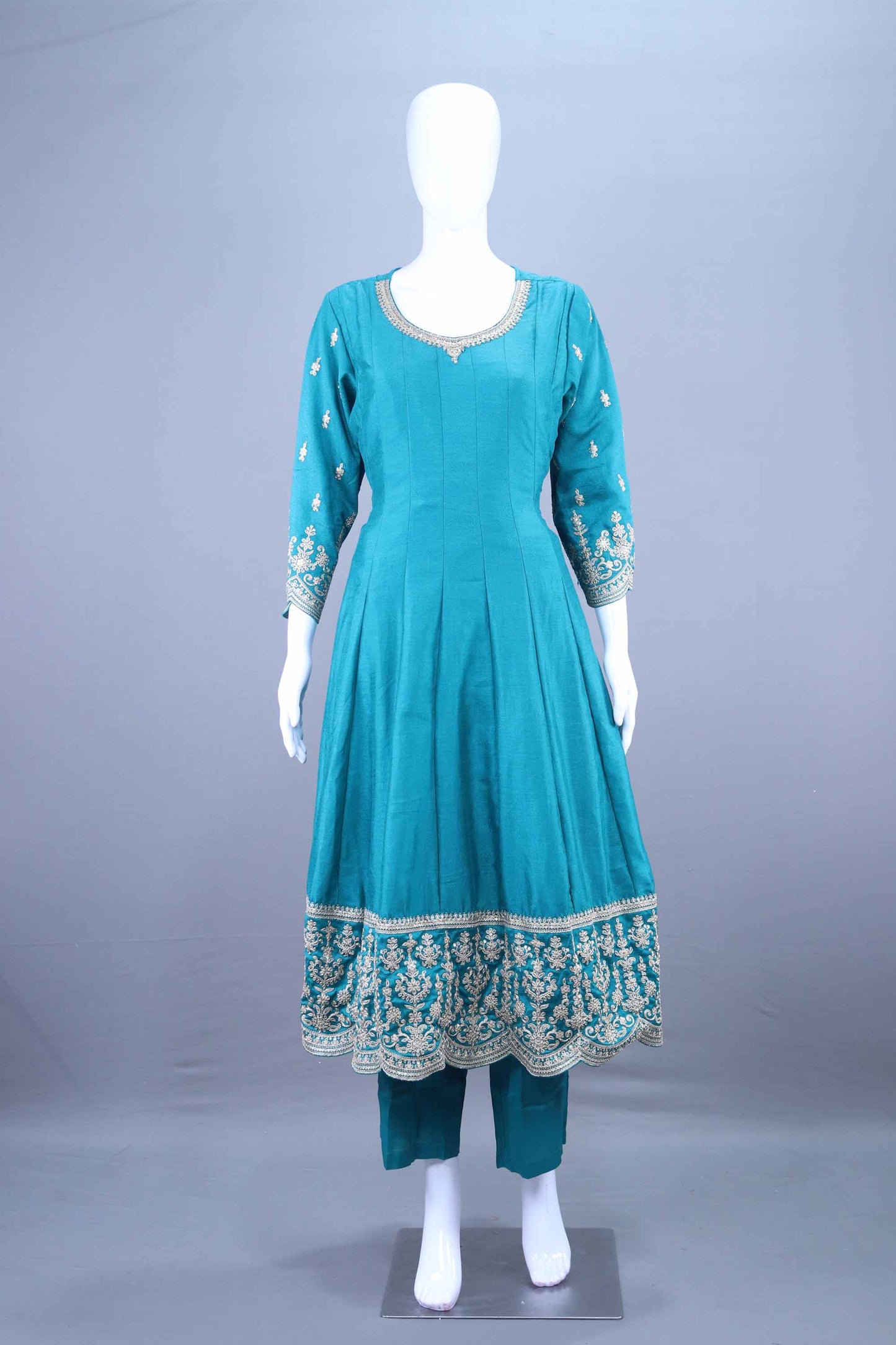 Teal Blue Embroidered Straight Kurta Set with Floral Printed Dupatta