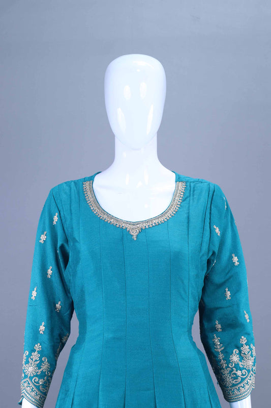 Teal Blue Embroidered Straight Kurta Set with Floral Printed Dupatta