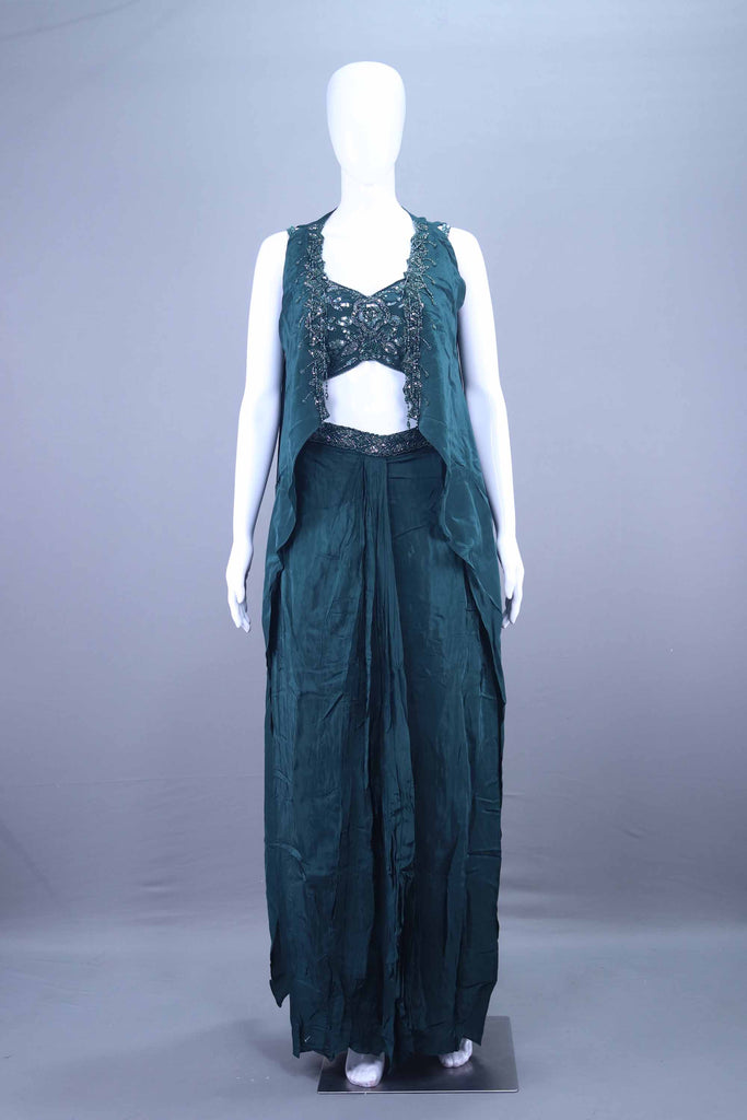 Dark Green Embellished Crop Top with Jacket and Palazzo Set 