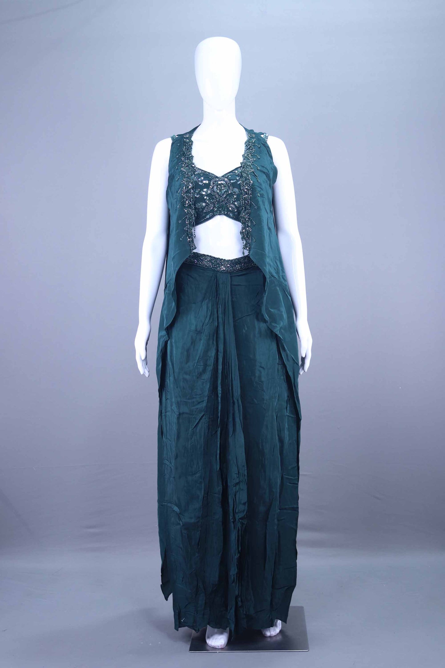 Dark Green Embellished Crop Top with Jacket and Palazzo Set 