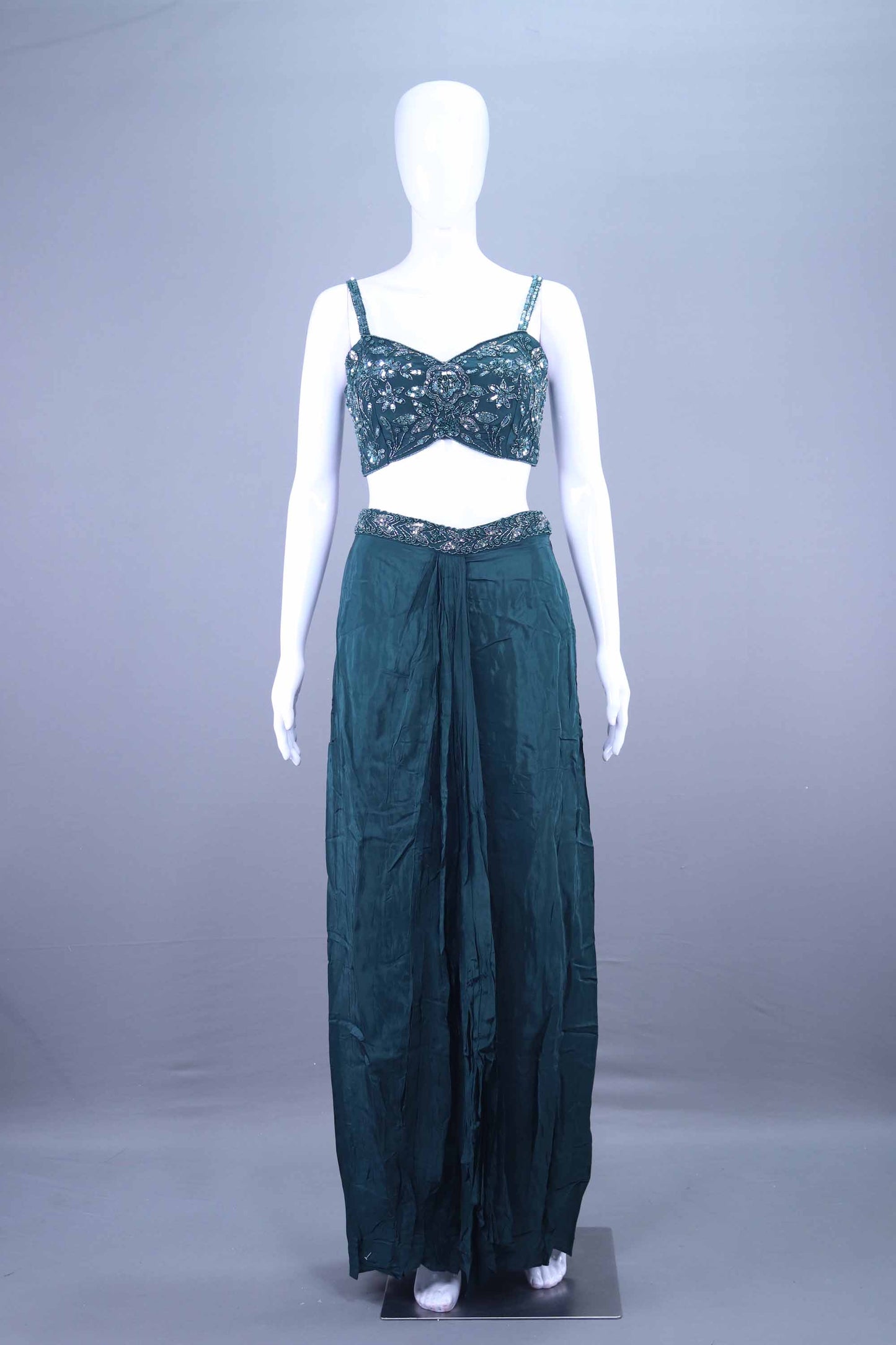 Dark Green Embellished Crop Top with Jacket and Palazzo Set