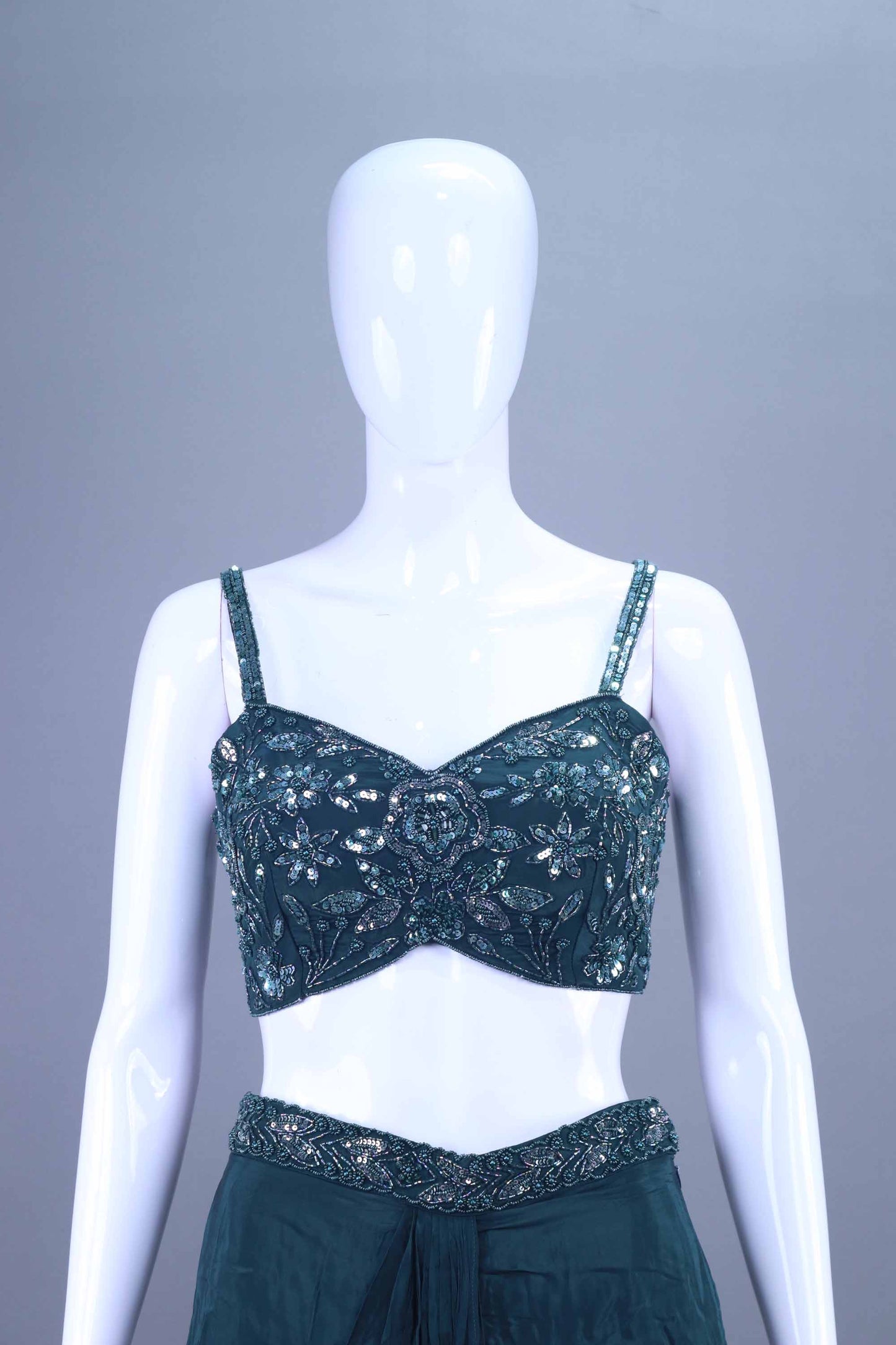 Dark Green Embellished Crop Top with Jacket and Palazzo Set