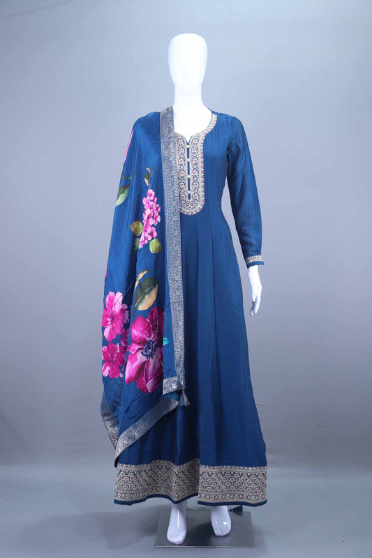  Navy Blue Embroidered Anarkali Suit with Dupatta 
