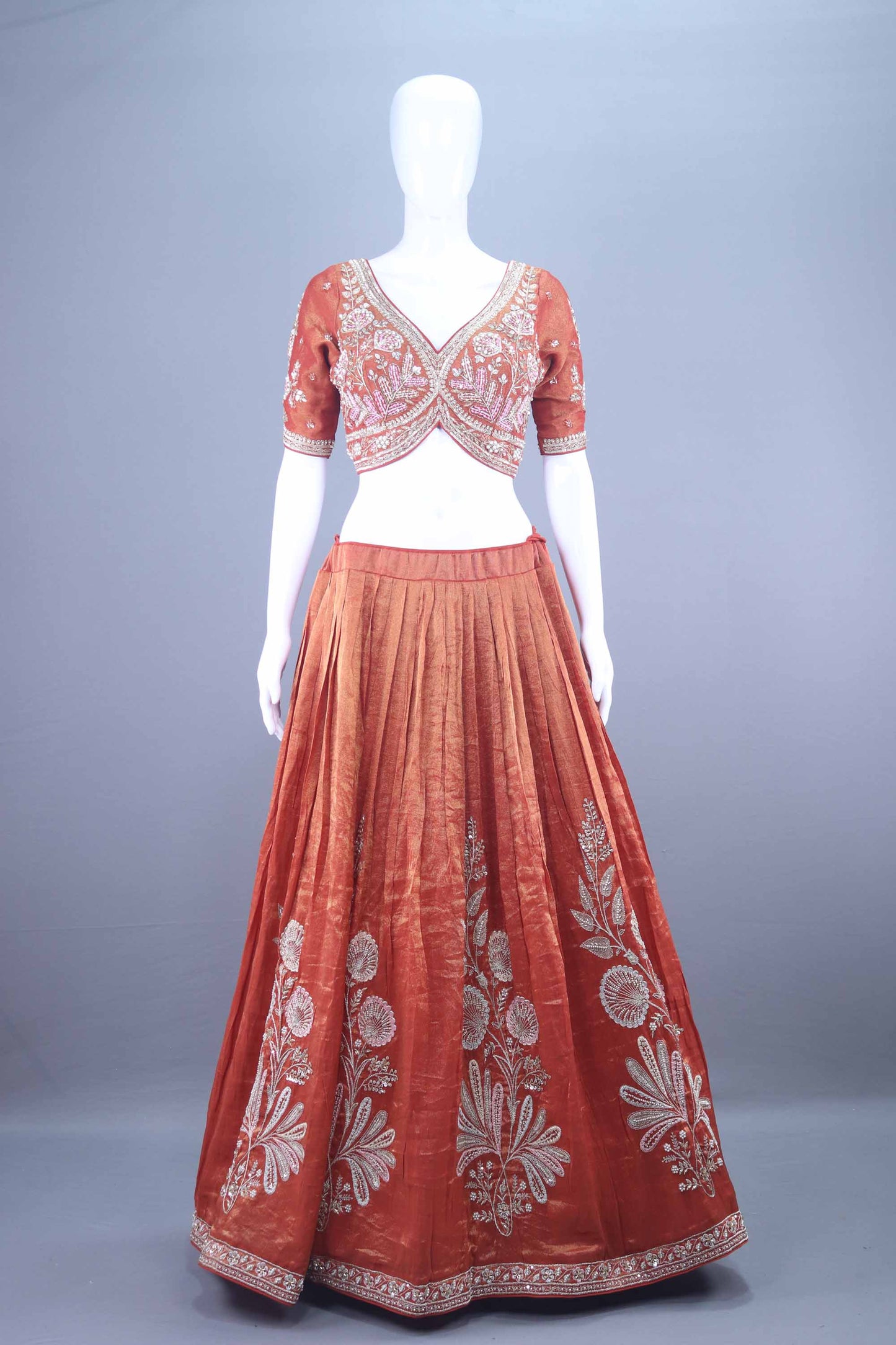 Designer Rust Orange Embroidered Silk Lehenga Choli with Dupatta