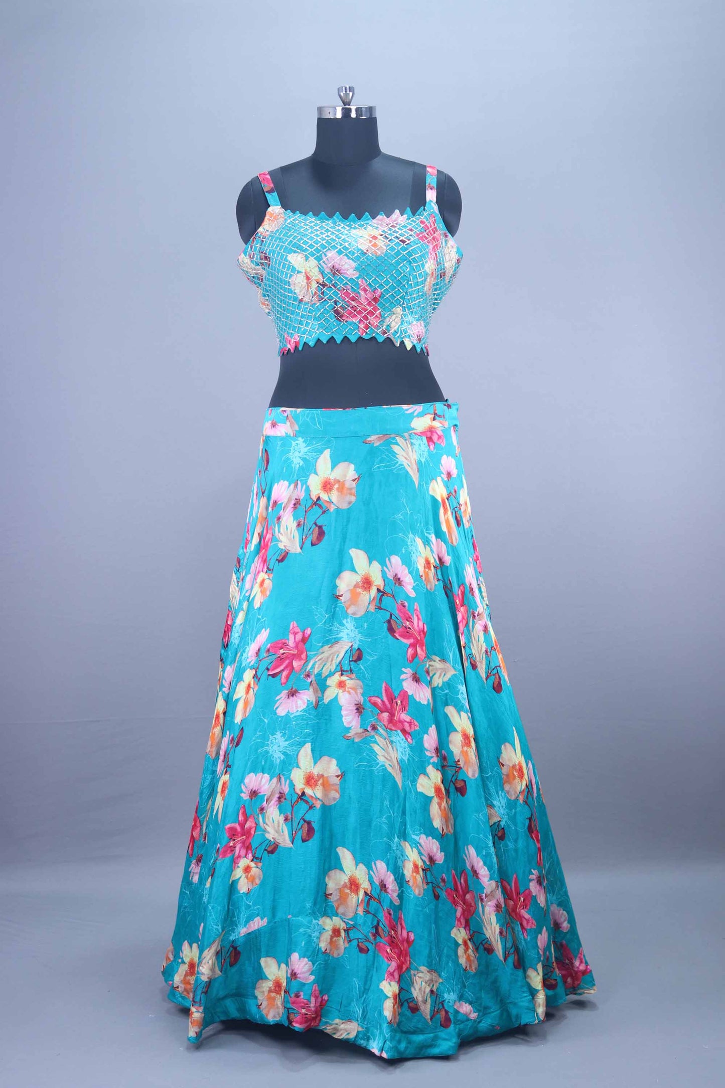 Aqua Blue Floral Embroidered Lehenga Choli with Designer Cape Dupatta