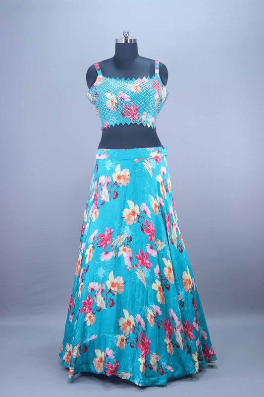 Aqua Blue Floral Embroidered Lehenga Choli with Designer Cape Dupatta