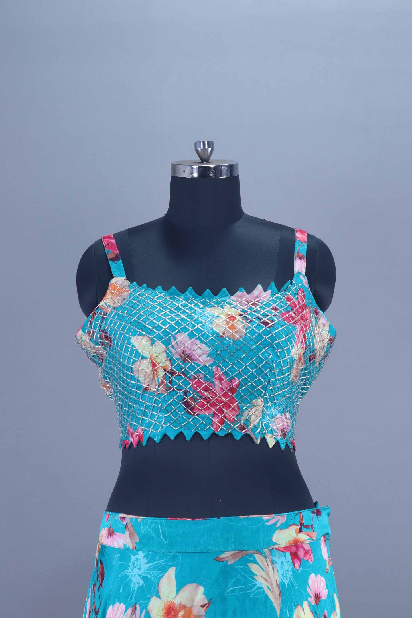 Aqua Blue Floral Embroidered Lehenga Choli with Designer Cape Dupatta