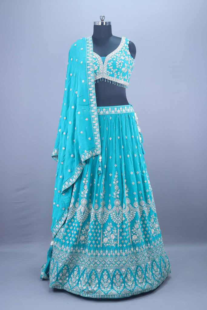 Designer Turquoise Lehenga Choli with Heavy Stone Work Wedding Wear