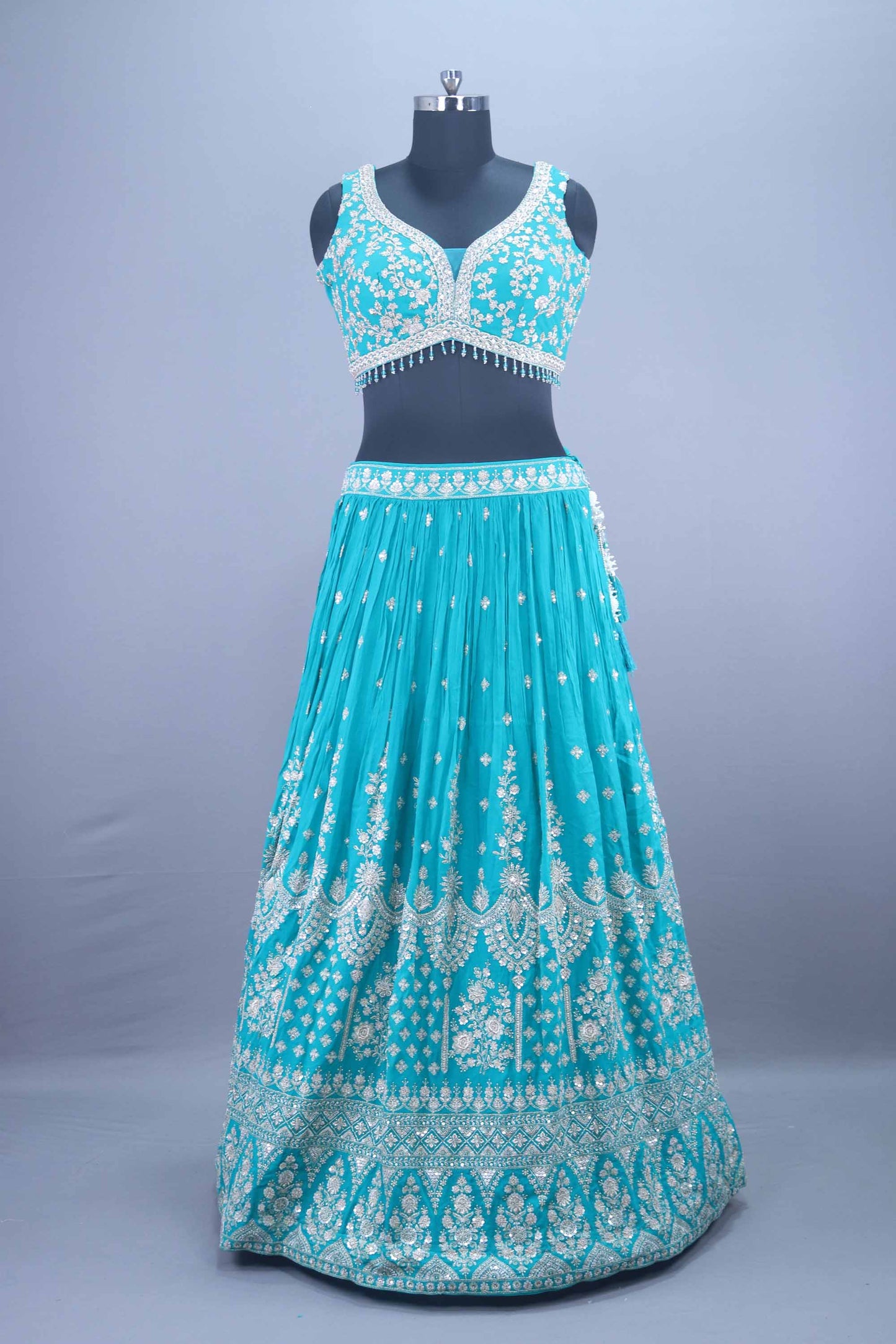 Designer Turquoise Lehenga Choli with Heavy Stone Work Wedding Wear