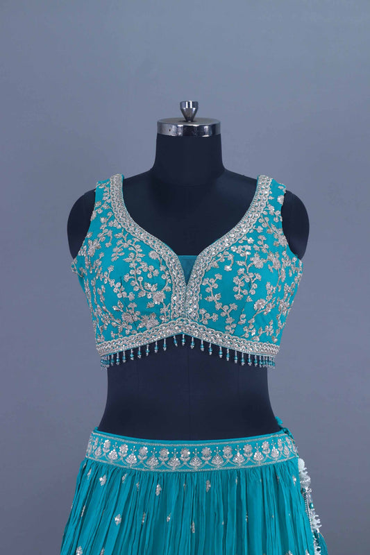 Designer Turquoise Lehenga Choli with Heavy Stone Work Wedding Wear