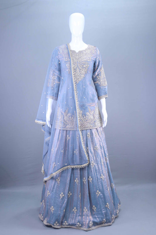 Designer Light Blue Embroidered Silk Lehenga Set with Dupatta 