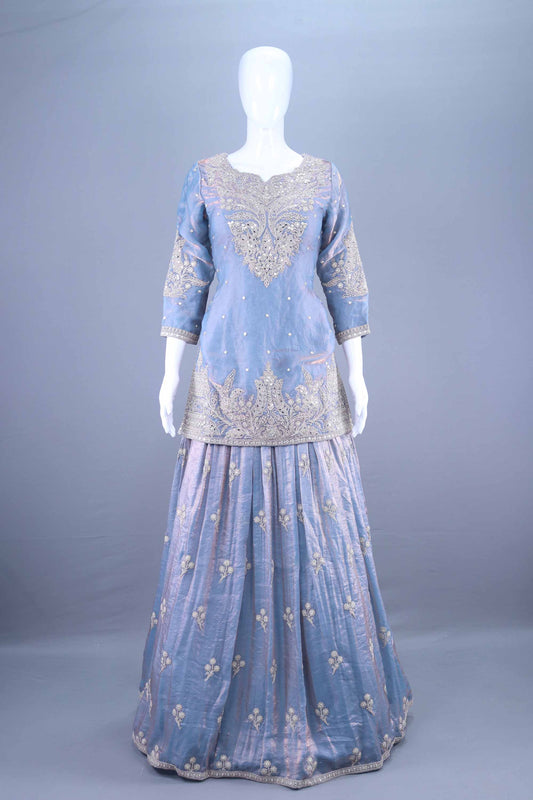 Designer Light Blue Embroidered Silk Lehenga Set with Dupatta