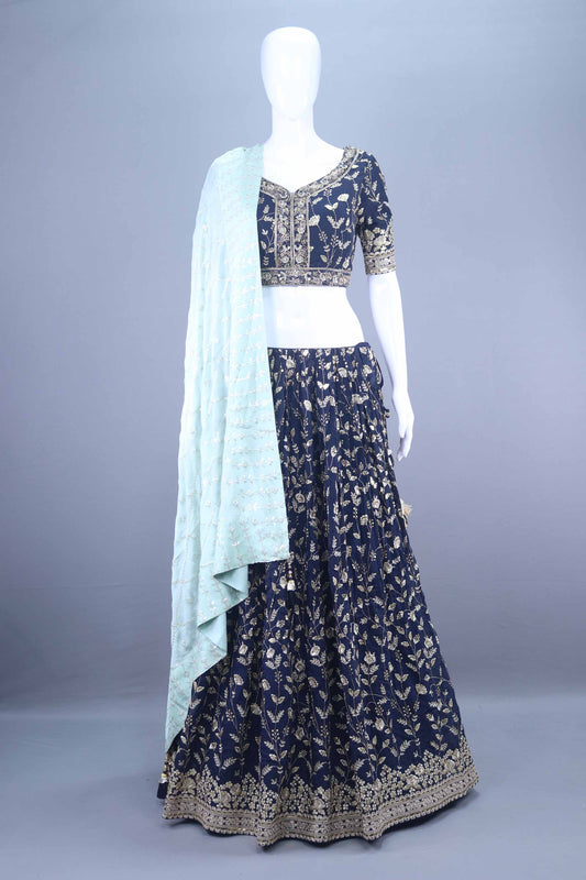 Navy Blue Heavy Embroidered Bridal Lehenga Choli with Dupatta 