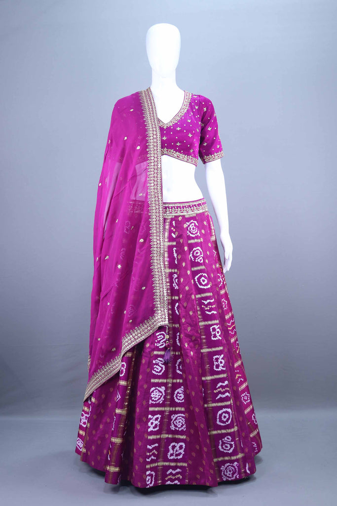 Magenta Bandhani Lehenga Choli with Heavy Gota Embroidery and Matching Dupatta