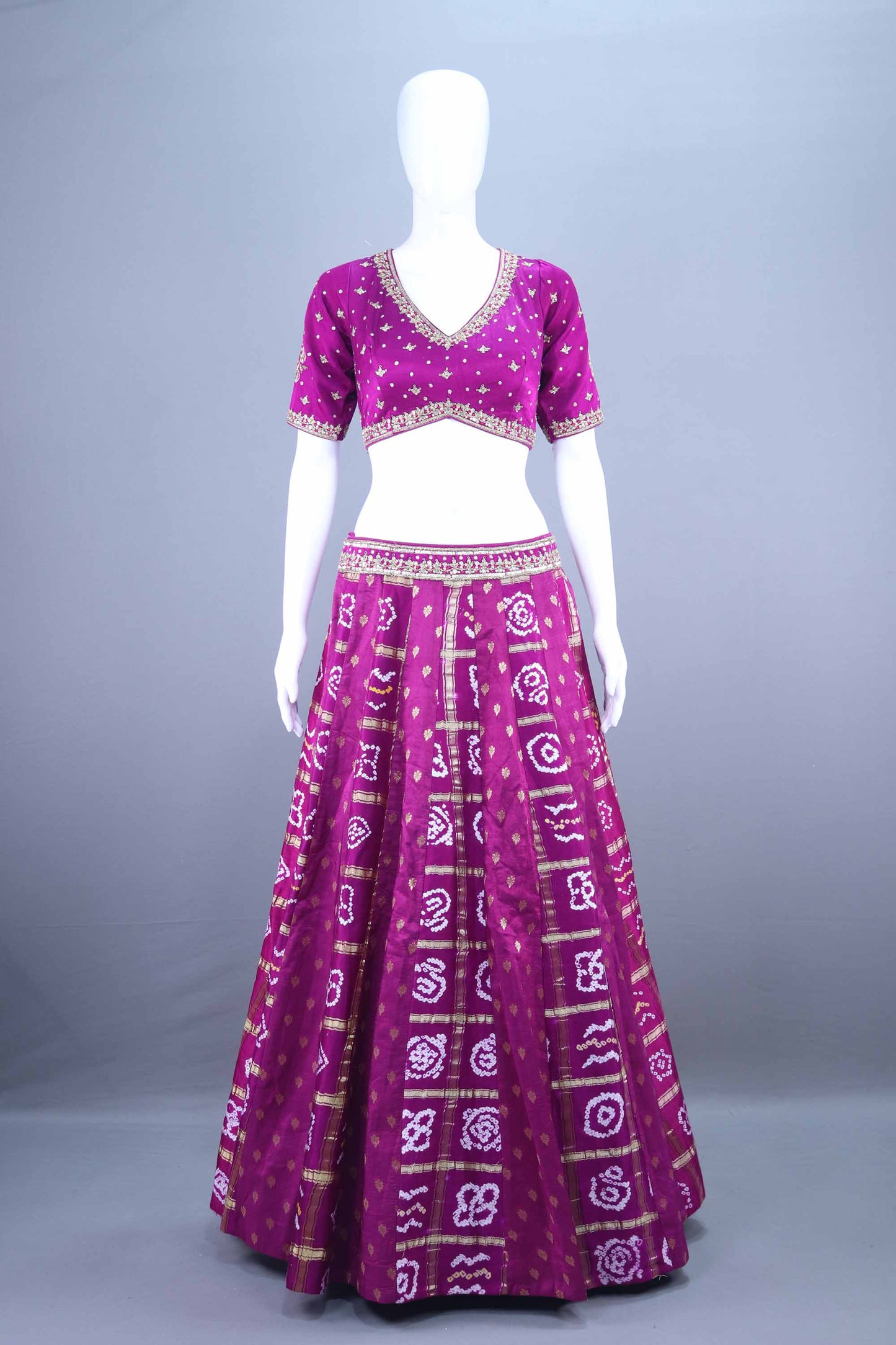 Magenta Bandhani Lehenga Choli with Heavy Gota Embroidery and Matching Dupatta