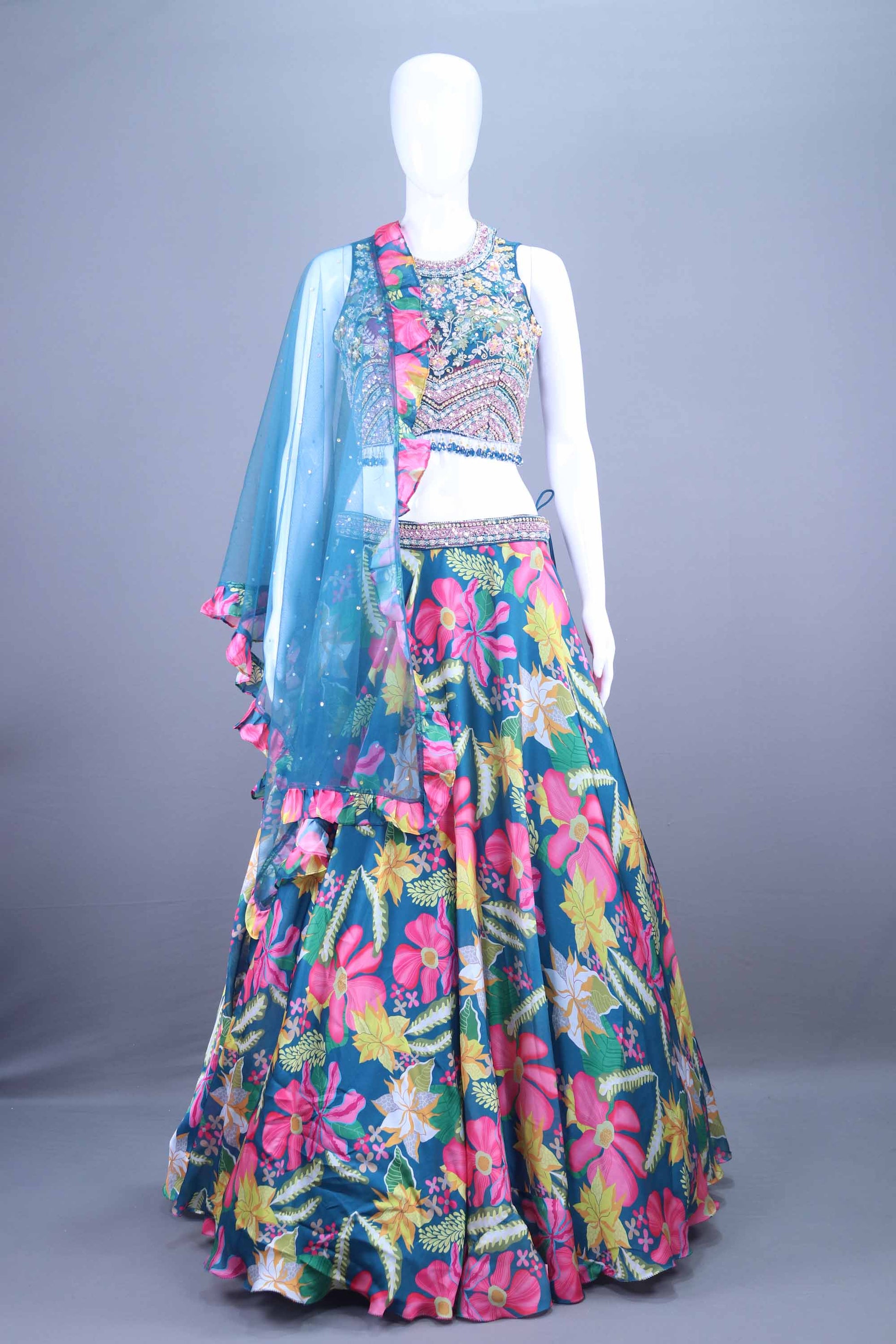  Designer Blue Lehenga Choli with Embellished Blouse Ruffled Dupatta 