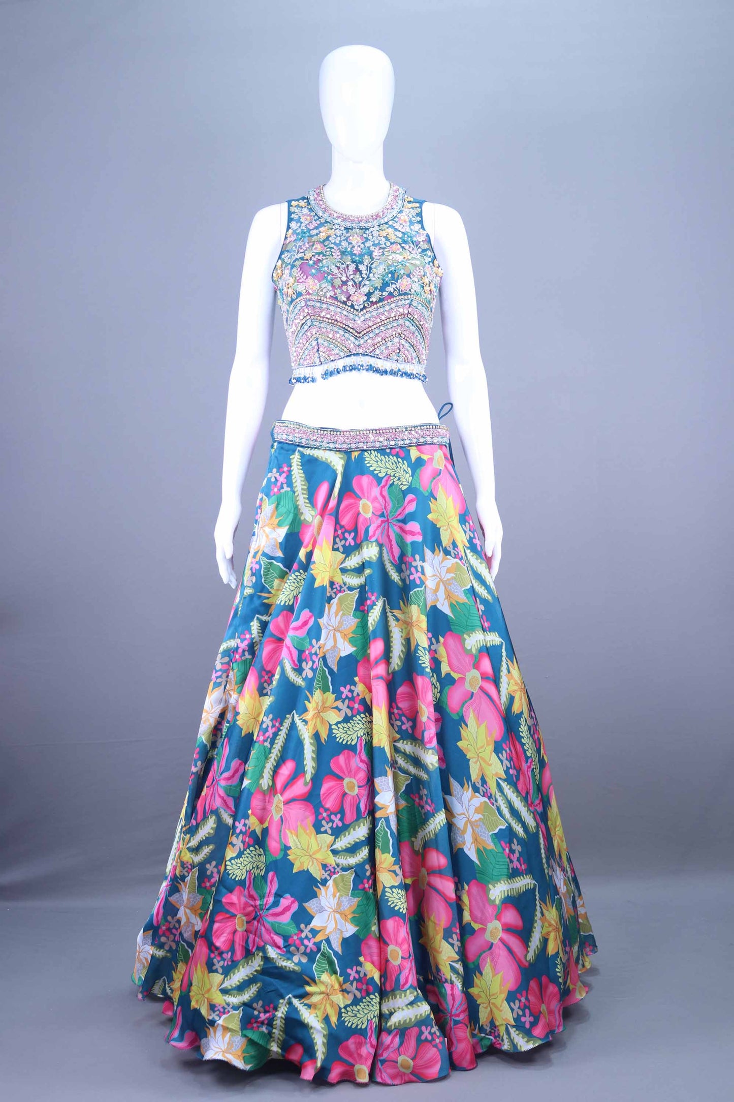 Designer Blue Lehenga Choli with Embellished Blouse Ruffled Dupatta