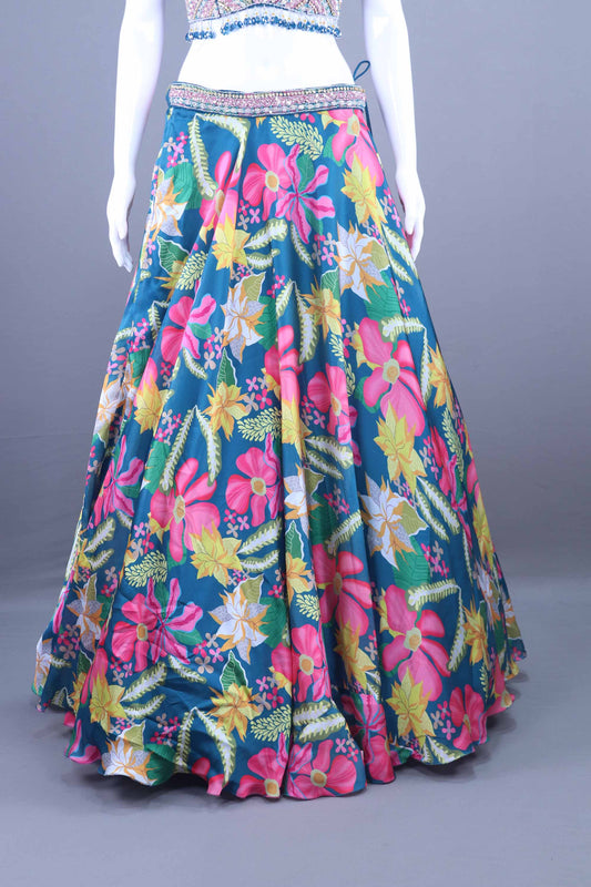 Designer Blue Lehenga Choli with Embellished Blouse Ruffled Dupatta