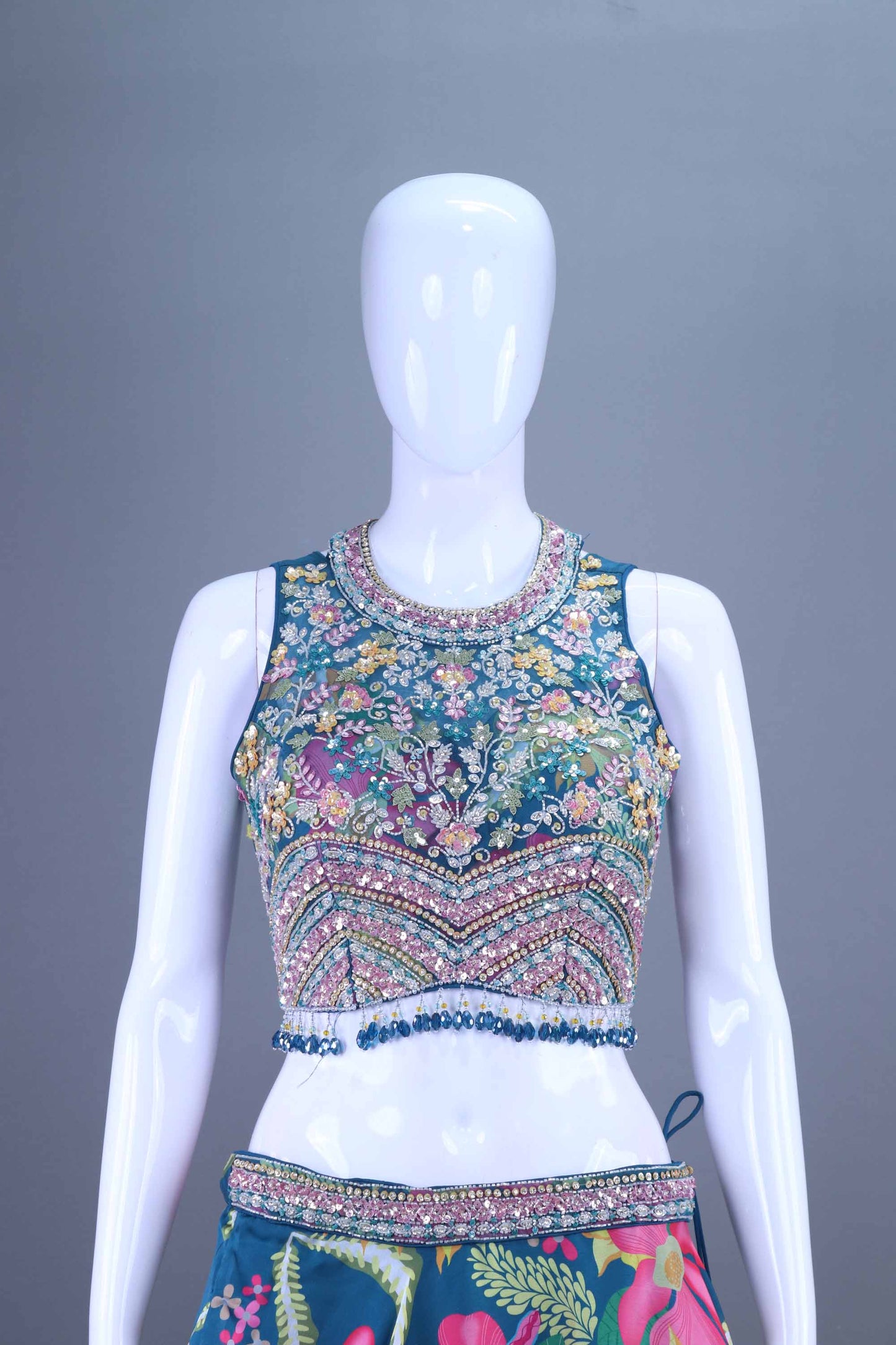 Designer Blue Lehenga Choli with Embellished Blouse Ruffled Dupatta