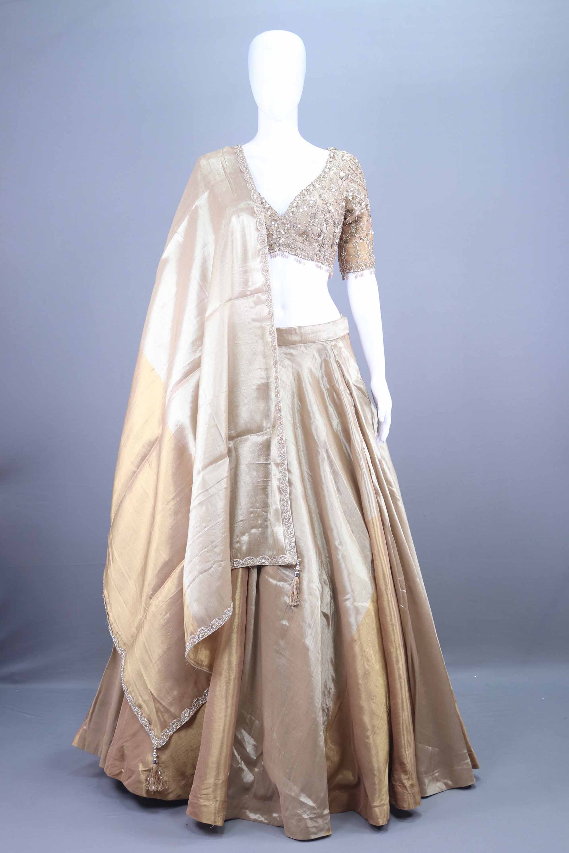 Designer Gold Lehenga Choli Set Silk Heavy Blouse Dupatta