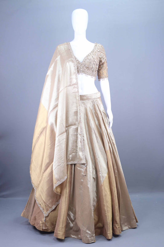 Designer Gold Lehenga Choli Set Silk Heavy Blouse Dupatta