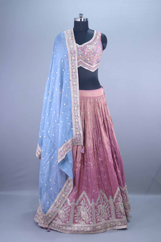 Designer Mauve Silk Embroidered Lehenga Choli with Pastel Blue Dupatta