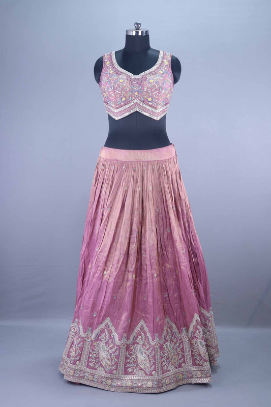 Designer Mauve Silk Embroidered Lehenga Choli with Pastel Blue Dupatta