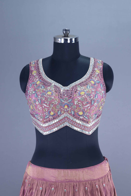 Designer Mauve Silk Embroidered Lehenga Choli with Pastel Blue Dupatta