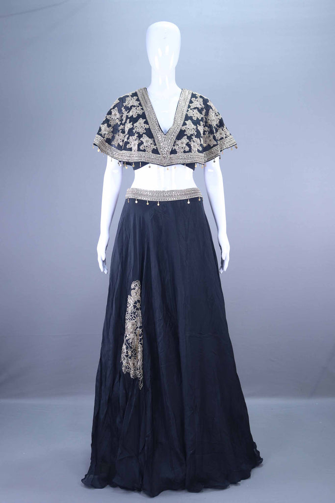 Black Designer Embroidered Lehenga Choli with Cape Style Blouse 