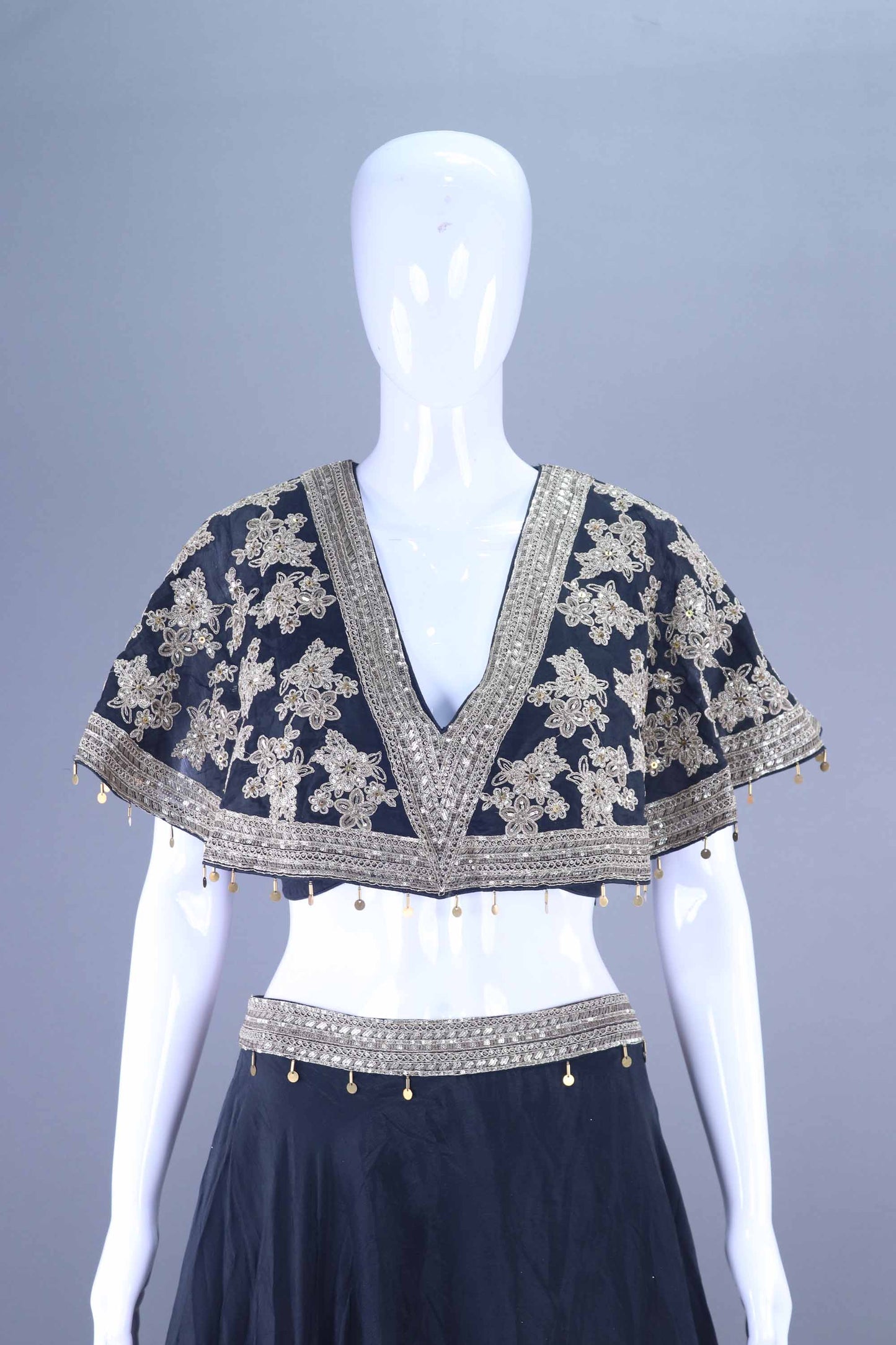 Black Designer Embroidered Lehenga Choli with Cape Style Blouse